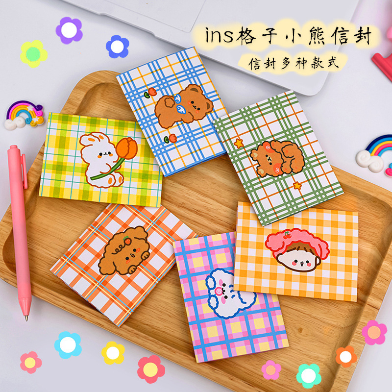 Cartoon Ins Plaid Small Bear Envelope Student DIY Message Sheet White Small Card Birthday Wishes Cards Postcards