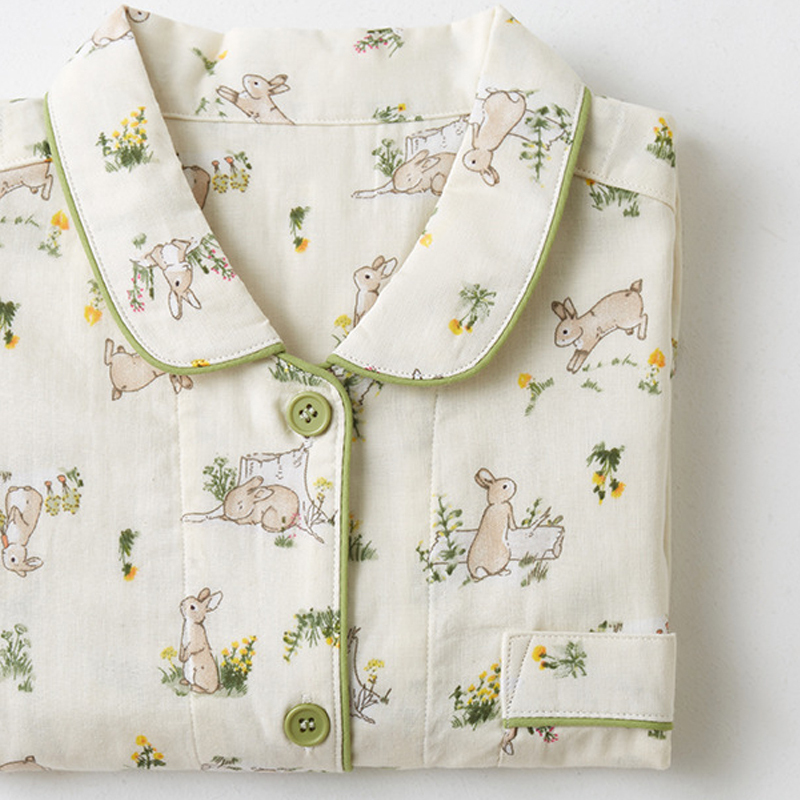 Muej Japanese-Style Pajamas for Women, Pure Cotton Double-Layer Gauze Spring and Autumn Set, Printed Loungewear, Long-Sleeved Thin Style