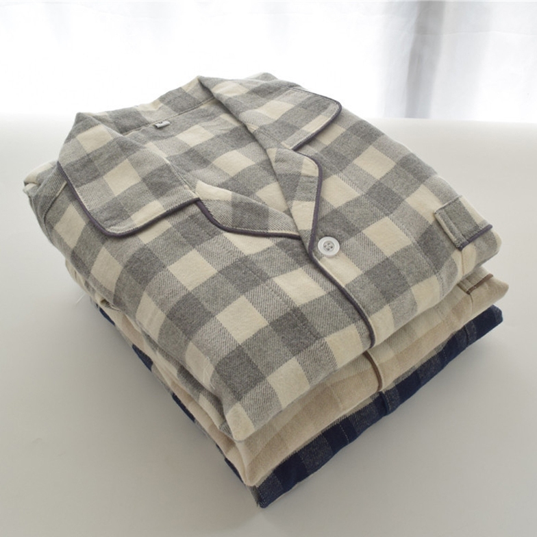 Muej Japanese-Style Pajamas for Men and Women, Flannel, Autumn and Winter, Thickened, Pure Cotton, Brushed, Long-Sleeved, Couple Plaid Loungewear Set