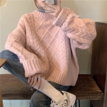 Thick collar linen sweater girl 2021 new autumn and winter wear lazy wind loose pink knitted tops