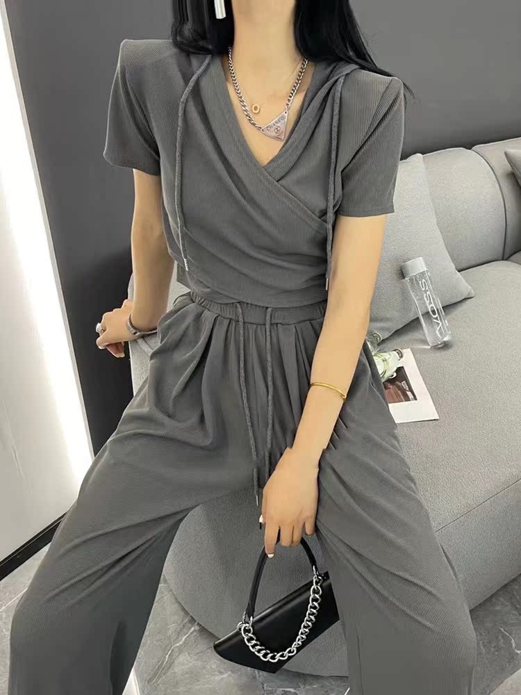 Fashion hooded sweater wide-leg pants casual pants suit women's summer 2022 new sports light and familiar style two-piece suit