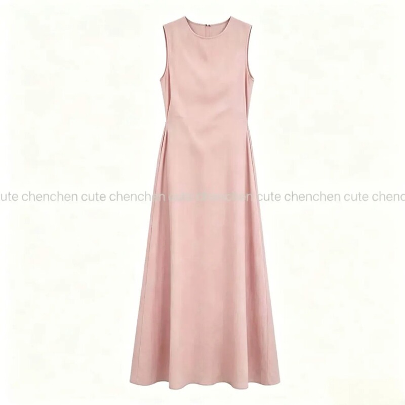 2026 Summer New Pink Women's Sleeveless Waist-Cinching Elegant Dress High-End Hepburn Style Long Dress