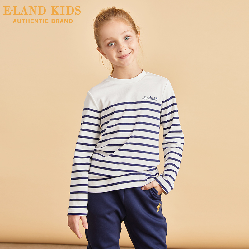 Elandkids mặc ấu dâm cô gái mùa thu mới vòng cổ áo khâu sọc dài tay T-shirt.