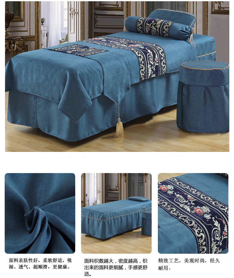 Vải lanh màu xanh thẩm mỹ viện trải giường bốn mảnh cotton Trung Quốc đơn giản với lỗ cơ thể massage giường tùy chỉnh ga trải giường spa