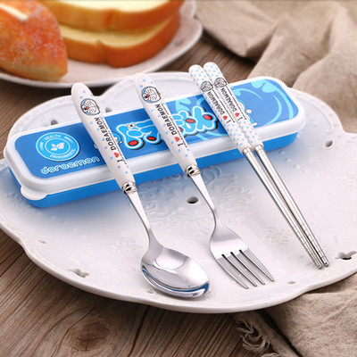 Cute Cartoon Kidsren's Tableware, Student Portable Tableware Set, Stainless Steel Spoon, Chopsticks and Fork Three-Piece Set Box