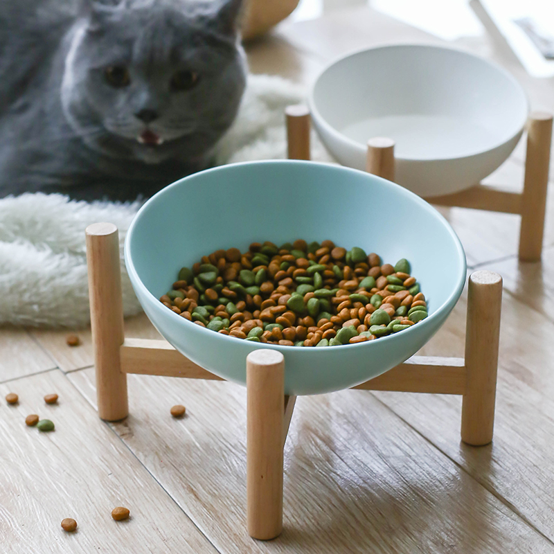 Cat Bowl ceramic protection Cervical Spine Dog Bowl Pet Bowl solid wood anti-overturning inclined opening bowl High foot bowl Teddy water bowl Bowl Food Basin