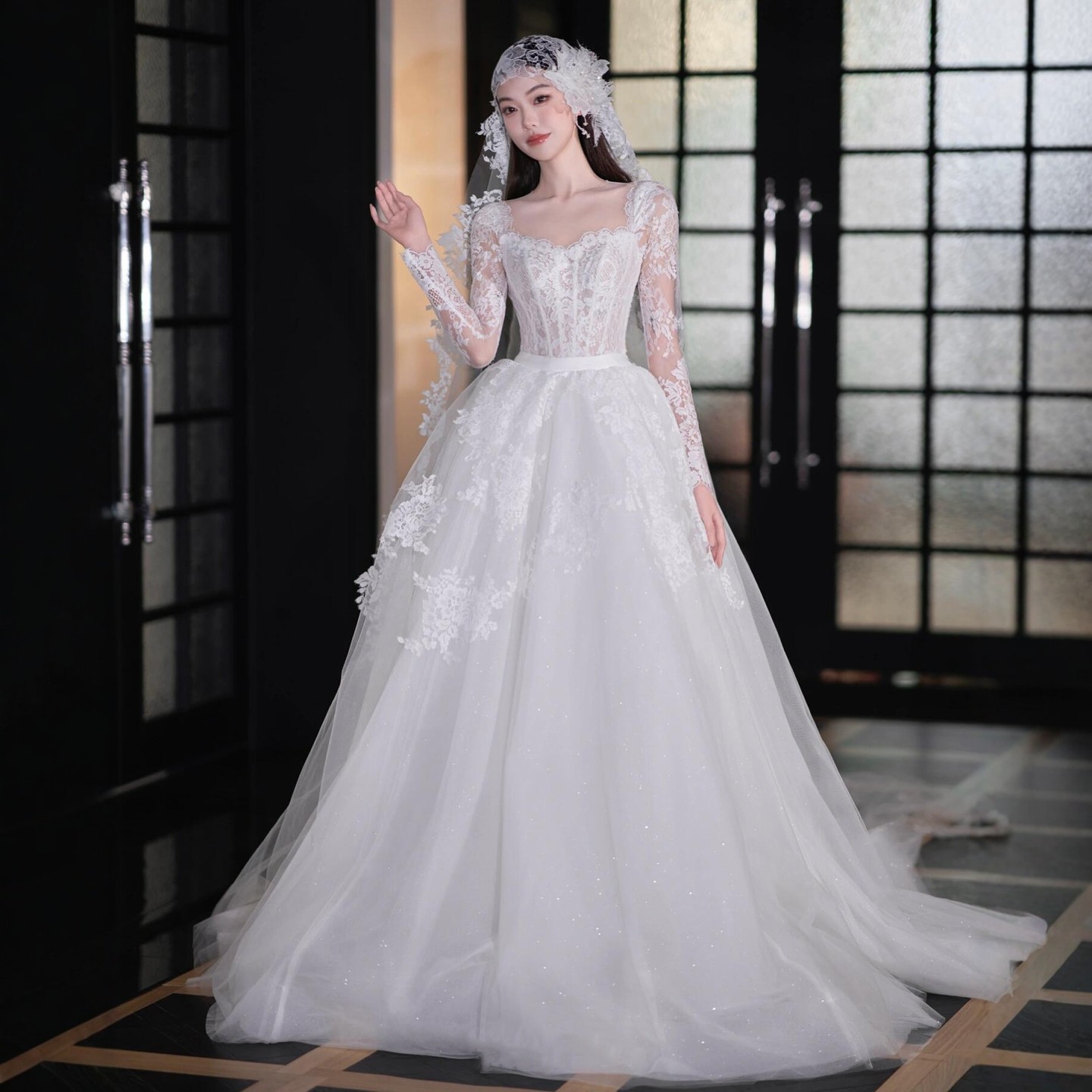 Легкое свадебное платье из французского кружева bride 2026, новинка, маленькая основная пряжа, высококачественная текстура, зимнее платье с длинными рукавами и шлейфом