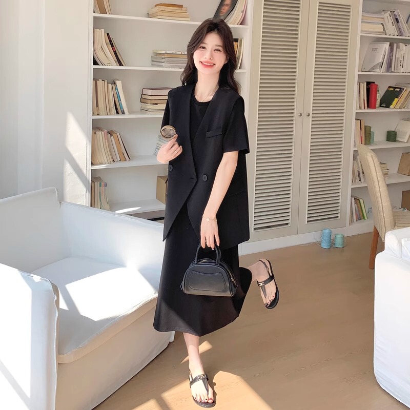 Maternity Black Suit Vest Dress Two-Piece Set for Women 2026 Summer New Loose High-End Professional Dress Maternity Black Suit Vest Dress Two-Piece Set for Women 2026 Summer New Loose High-End Professional Dress