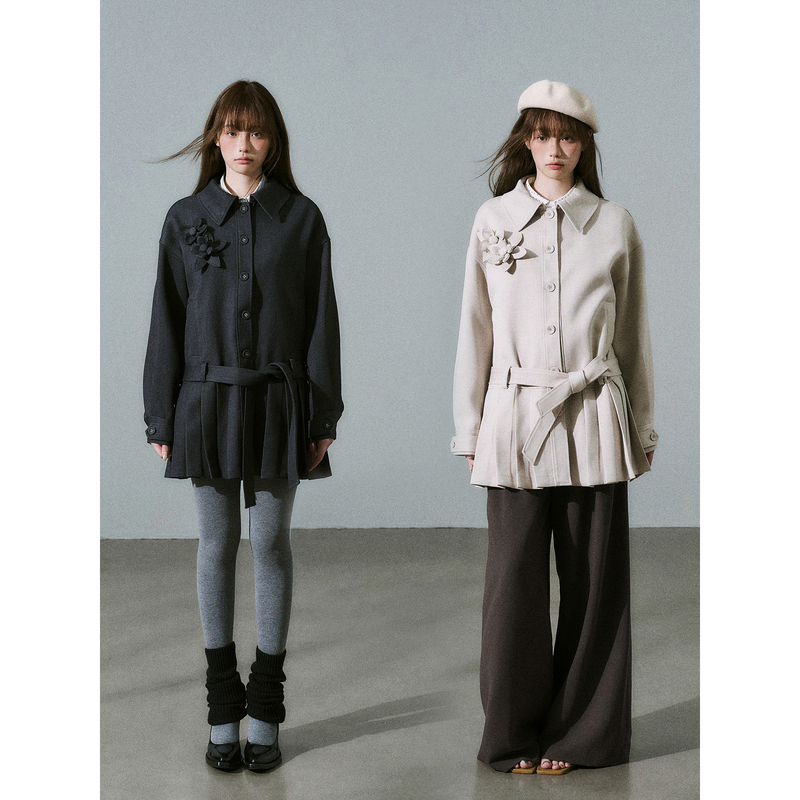 Lost Forest Floral Trench Coat Dark Gray/Khaki High-Tech Tencel Wool Pleated Silhouette Autumn and Winter Coat