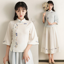 New Chinese style retro womens Hanfu improved version top ethnic style suit embroidered three-quarter sleeve slim shirt