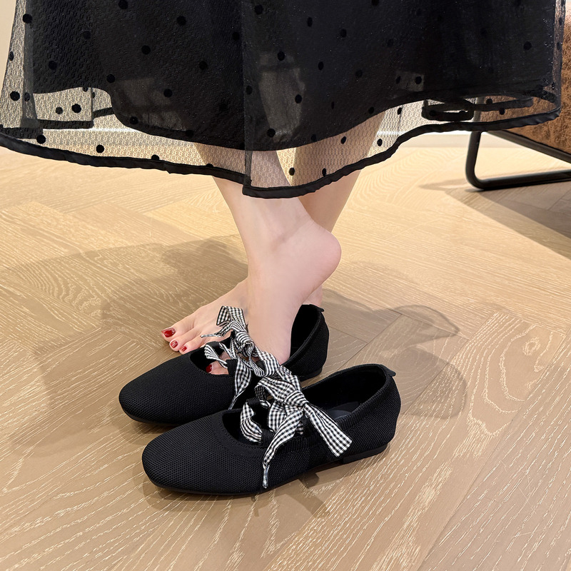 Jeny Same Style Lace-Up Ballet Flats Women's 2026 Spring and Autumn New Flat Soft-Soled Black Mary Jane Shoes Jeny Same Style Lace-Up Ballet Flats Women's 2026 Spring and Autumn New Flat Soft-Soled Black Mary Jane Shoes