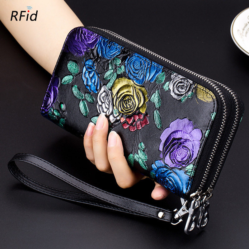 2022 New Lady Wallet Long Version Double Pull Chain Money Clip Genuine Leather Phone Bag Double Leather Wallet Large Capacity Hand Grab Bag