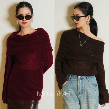 Moss ye velvet + sequined silk cashmere three-color stacked off-shoulder long-sleeved thin sweater