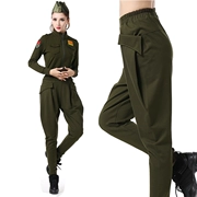 Đội múa thủy thủ biểu diễn quần áo nhảy vuông quân đội mùa thu xanh mùa đông cộng với quần nhung dày harem cao eo đèn lồng quần ống rộng