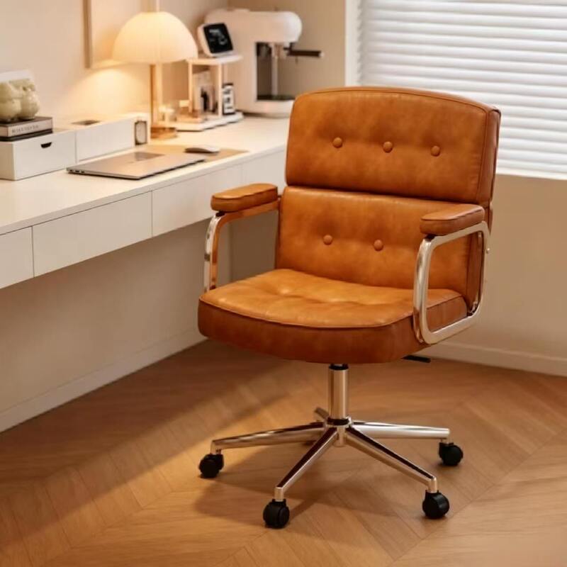 White Minimalist Desk with Layered Adjustable Computer Chair, Oil-Waxed Leather, Chrome-Plated Five-Star Lumbar Support, Square Frame, Metal Armrests, Swivel Chair White Minimalist Desk with Layered Adjustable Computer Chair, Oil-Waxed Leather, Chrome-Plated Five-Star Lumbar Support, Square Frame, Metal Armrests, Swivel Chair