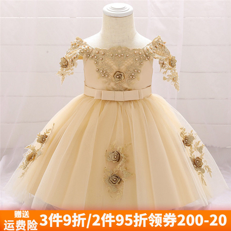 Female Baby Gown for baby Shoulder Princess Princess Dress 100 Days Old Flowers Child Wedding Dress Photo Babody Photography