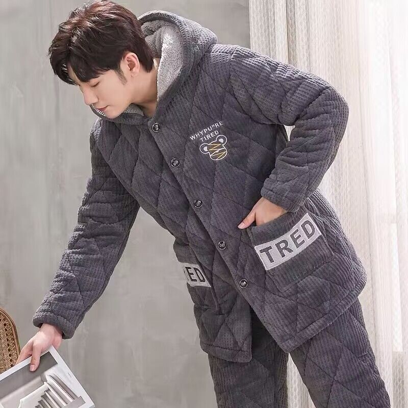 Winter Men's Quilted Pajama Top, Three-Layer Thickened Fleece-Lined Coral Fleece Warm Flannel Single-Piece Cotton Jacket Set
