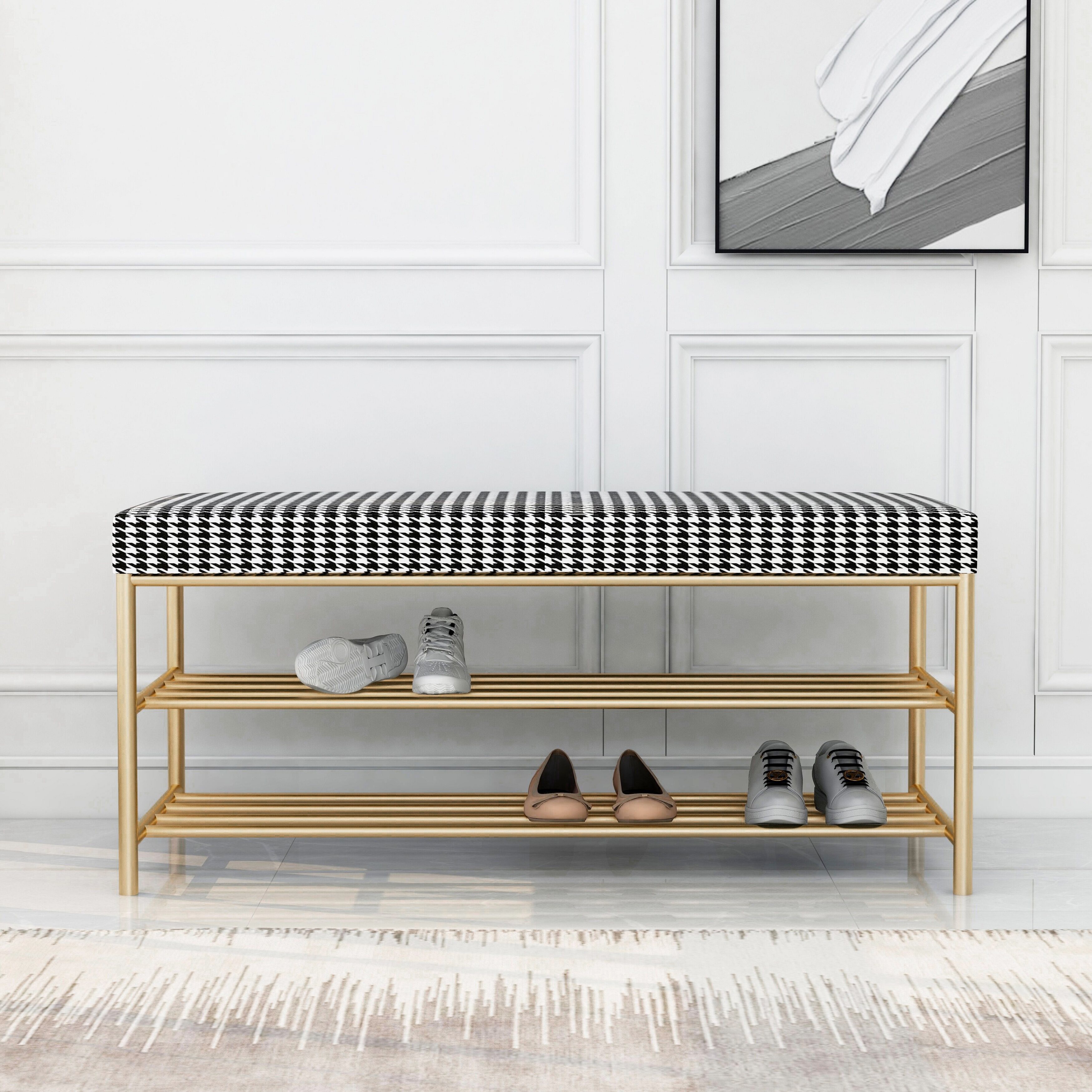 Modern minimalist shoe changing stool home door wearing shoes bench light luxury houndstooth shoe stool clothing store sofa stool