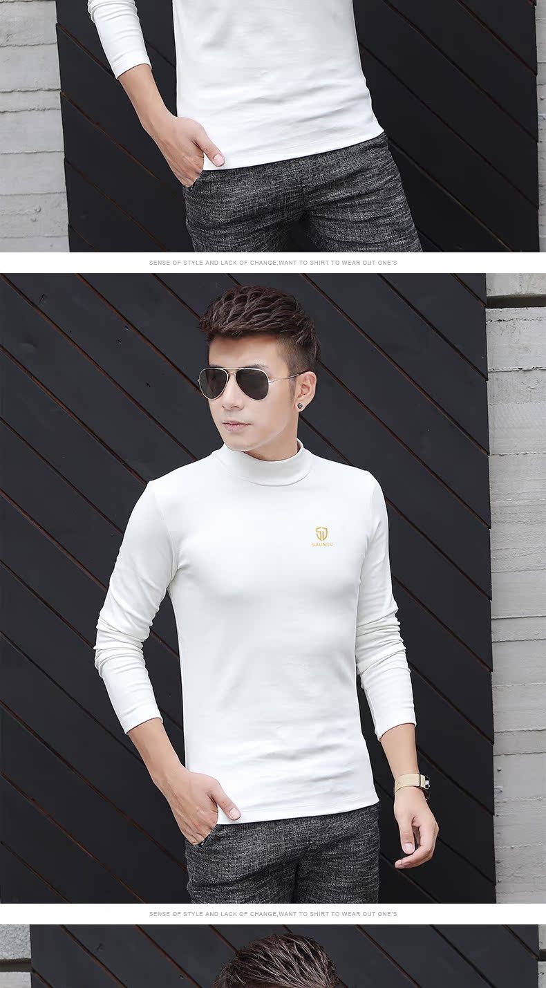 Áo thun nam tay dài cộng với nhung dày mùa đông ấm áp nửa cổ cao chạm đáy áo mùa đông quần áo mỏng màu đen áo nhỏ áo thun polo