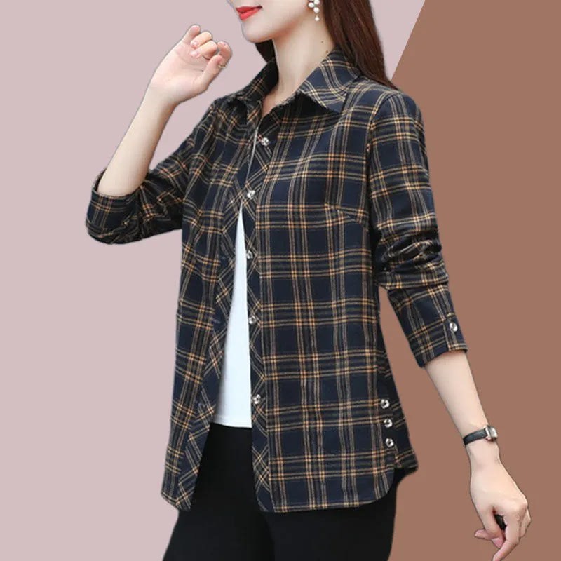 2022 Spring and Autumn New Long-Sleeve Shirt for Mothers, Autumn Plus Size Loose Plaid Outerwear, Pure Cotton Shirt
