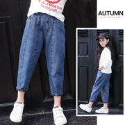 Quần jean nữ mùa xuân 2019 mới cho bé Hàn Quốc quần lửng trong quần lửng ống rộng trẻ em hoang dã