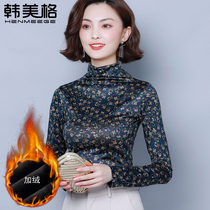 Half-high collar base shirt women Autumn Winter foreign style plus velvet padded floral velvet top women long sleeve warm temperament small shirt