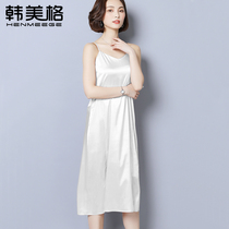 Han Mege Spring and Summer New Camellia Vest Womens Solid Color Medium Long with Silk Satin Bottom Dress Top