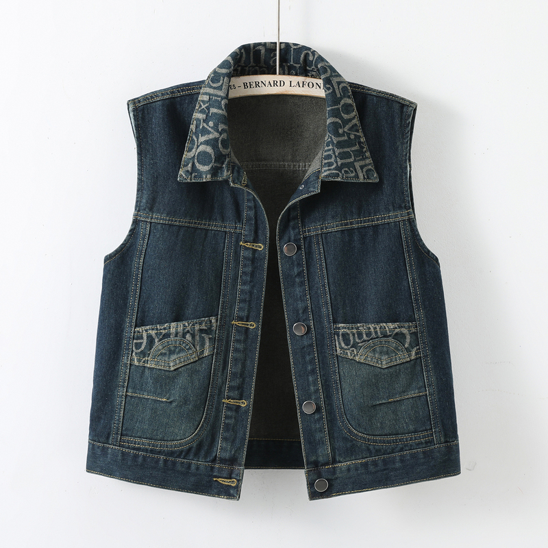 2026 New Vintage Letter Jacquard Denim Vest for Women, Short Sleeveless Style with Turn-Down Collar and Single-Breasted Design, Versatile Outerwear 2026 New Vintage Letter Jacquard Denim Vest for Women, Short Sleeveless Style with Turn-Down Collar and Single-Breasted Design, Versatile Outerwear