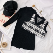 Autumn and winter girls net red fashionable suit British style patterned vest vest sweater skirt two-piece sleeve