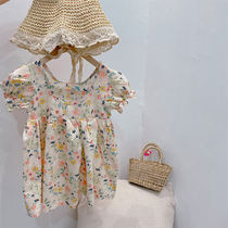 Girls Summer long skirt Girls Floral princess skirt Female baby pure cotton bubble sleeve dress gentle and small fresh