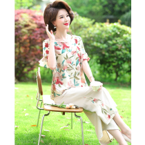 Mom summer suit Western style T-shirt middle-aged and elderly womens short-sleeved top summer wide-leg pants two-piece 50-60 years old