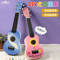 Children assemble painted ukulele diy small guitar handmade materials painted wooden graffiti decorative ornaments