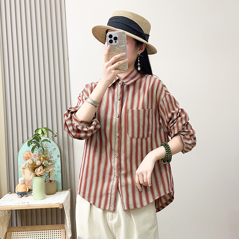 Striped Long-Sleeve Wide-Sleeve Shirt for Women 2026 New Cardigan Style Versatile Spring and Autumn Loose Fit Top That Hides the Figure Striped Long-Sleeve Wide-Sleeve Shirt for Women 2026 New Cardigan Style Versatile Spring and Autumn Loose Fit Top That Hides the Figure