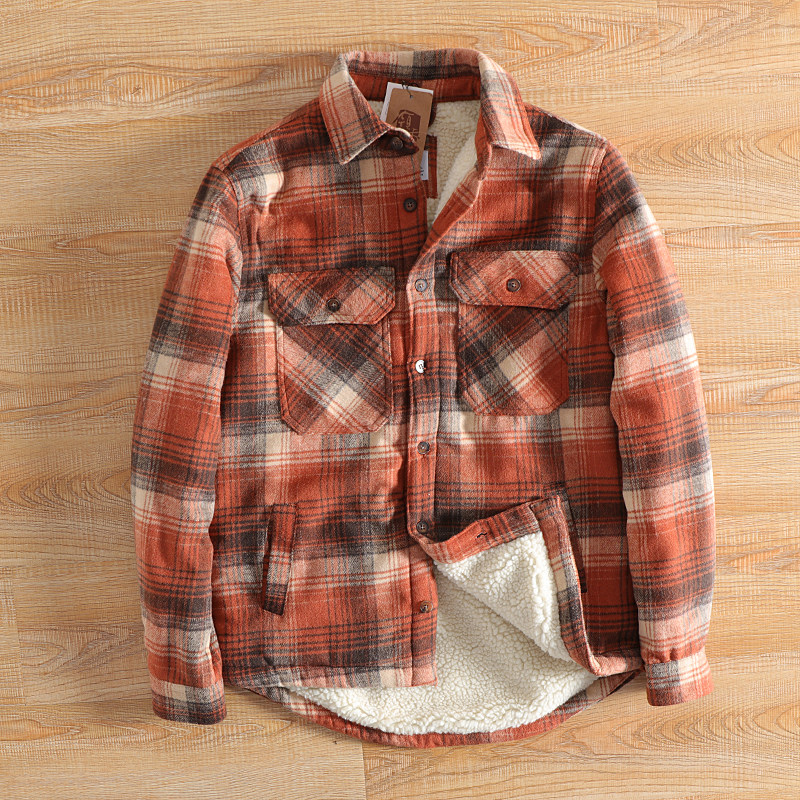 Ultra-thick real flange velvet lattice plus suede thickened men winter warm and sleeveless long sleeve shirt tide