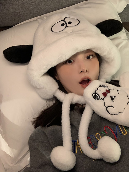 Cute White Puppy Gloves Hat Women's Winter Lei Feng Hat Warm Cycling Cartoon Plush Hat