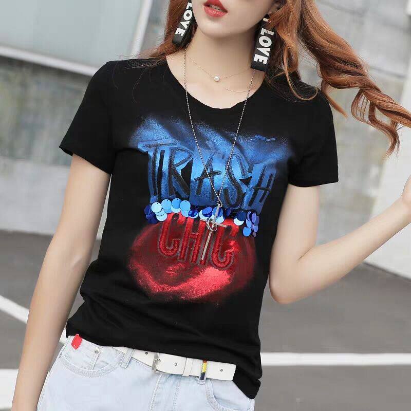 Cotton short-sleeved T-shirt women's 2020 summer dress all-match printed top European station Western style T-shirt