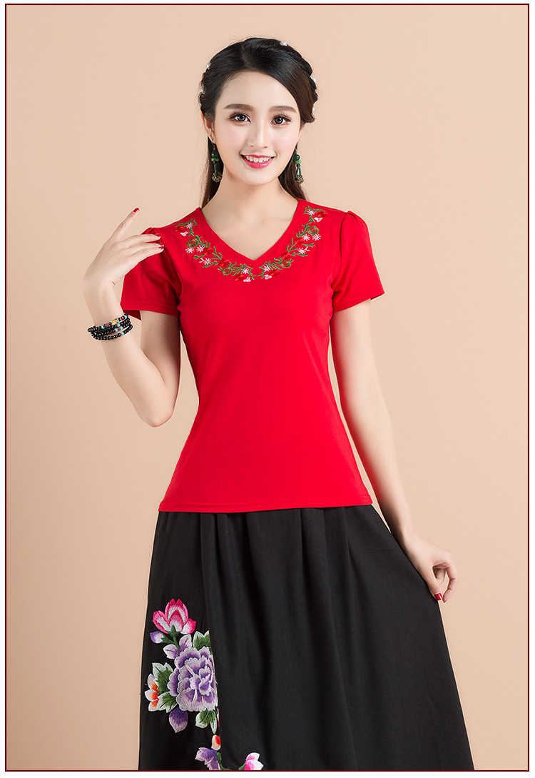 Đặc biệt hàng ngày gió quốc gia phụ nữ mỏng thêu áo thun ngắn tay phụ nữ Cổ điển thêu tay áo cổ chữ V áo form rộng nữ tay lỡ