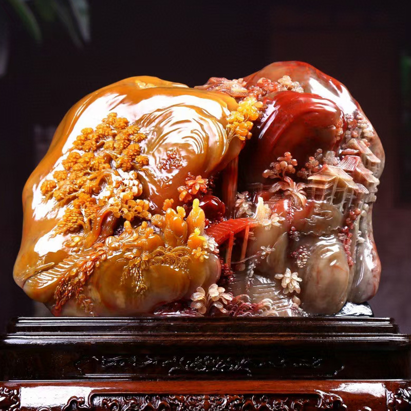 Fujian Shoushan Stone Autumn Forest Morning Sun Decoration Home Living Room Office Decoration Decoration Original Stone Hand Carving Craft Gift Decoration