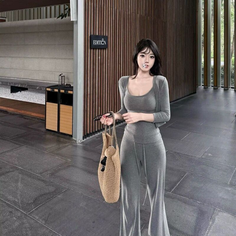 Gray Three-Piece Set for Women: Cardigan with Three-Quarter Sleeves, Camisole, and Wide-Leg Pants, 2026 Summer New Casual Slimming Outfit