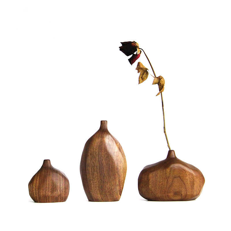 Original design New Chinese style Japanese Zen wood dried flower vase Creative flower arrangement Flower vase Wooden handicraft decoration