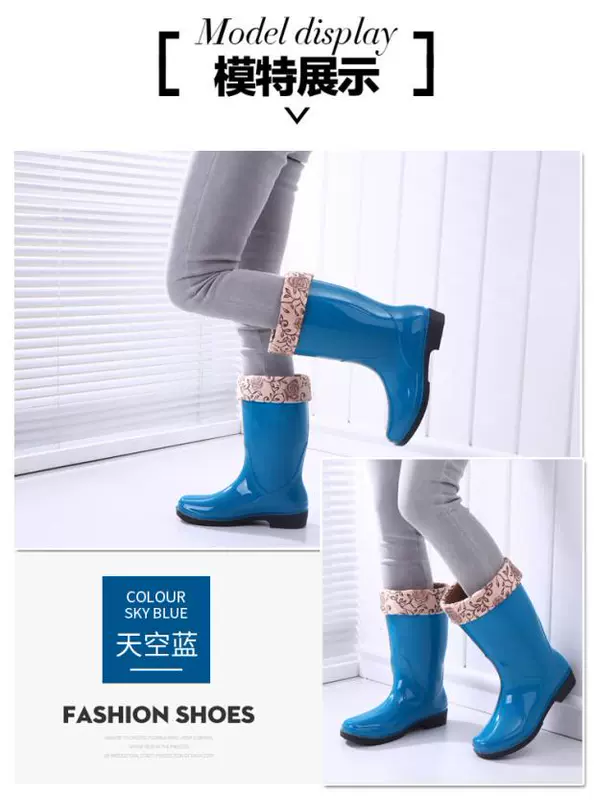 Giày cao gót đế xuồng mưa Giày nữ dài ống dày đế nước cộng với nhung trượt cao su chống thấm nước đặt giày mùa đông ấm áp