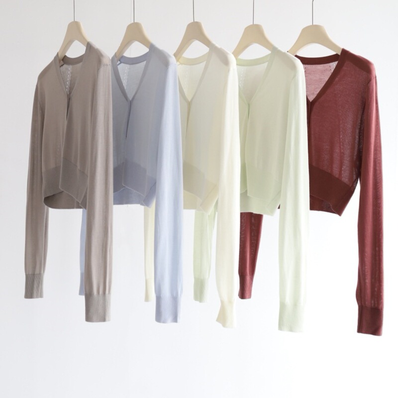 Sweet and Spicy Style Short Knitted Cardigan for Women, Spring and Summer, Silk Blend, Lyocell, V-Neck, Long Sleeve, Sun Protection, Air Conditioning Top