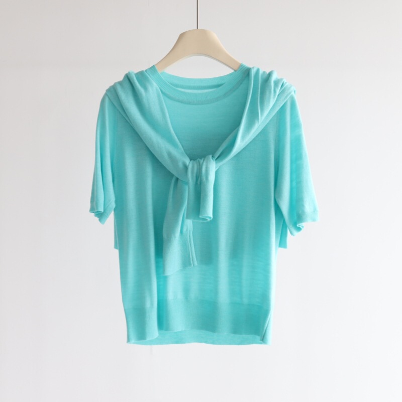Ice Cream Color Wool Blend Basic Short-Sleeved Knit Top + Single-Breasted Long-Sleeved Cardigan Two-Piece Set