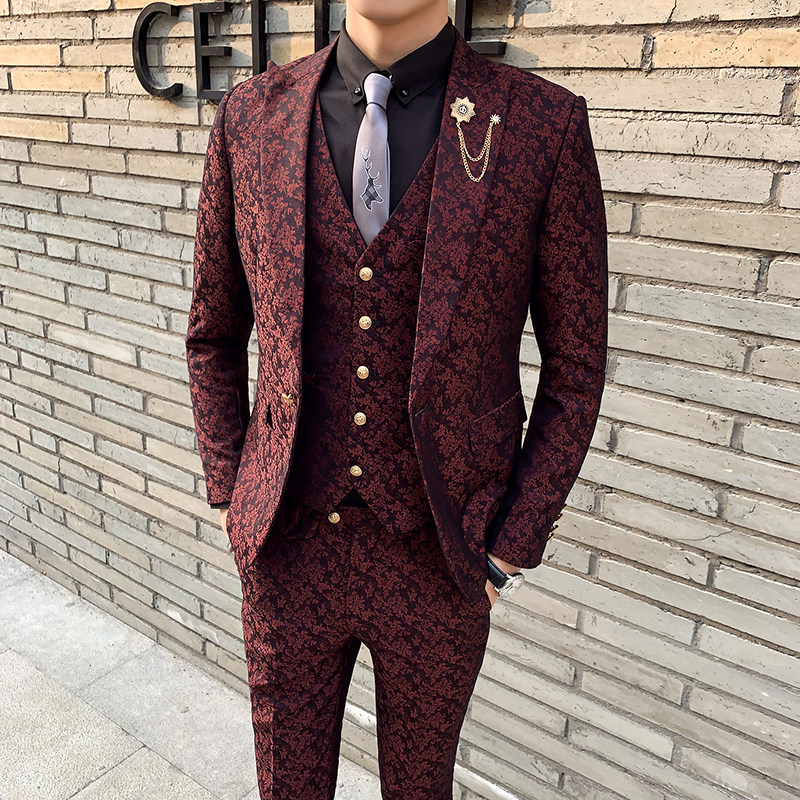 春夏薄款提花西服套装男三件套新郎礼服西装