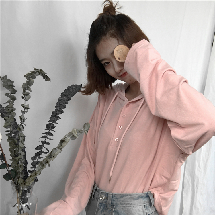 Solid color long sleeve T-shirt women's spring new Korean student loose and versatile thin hooded bottomed top