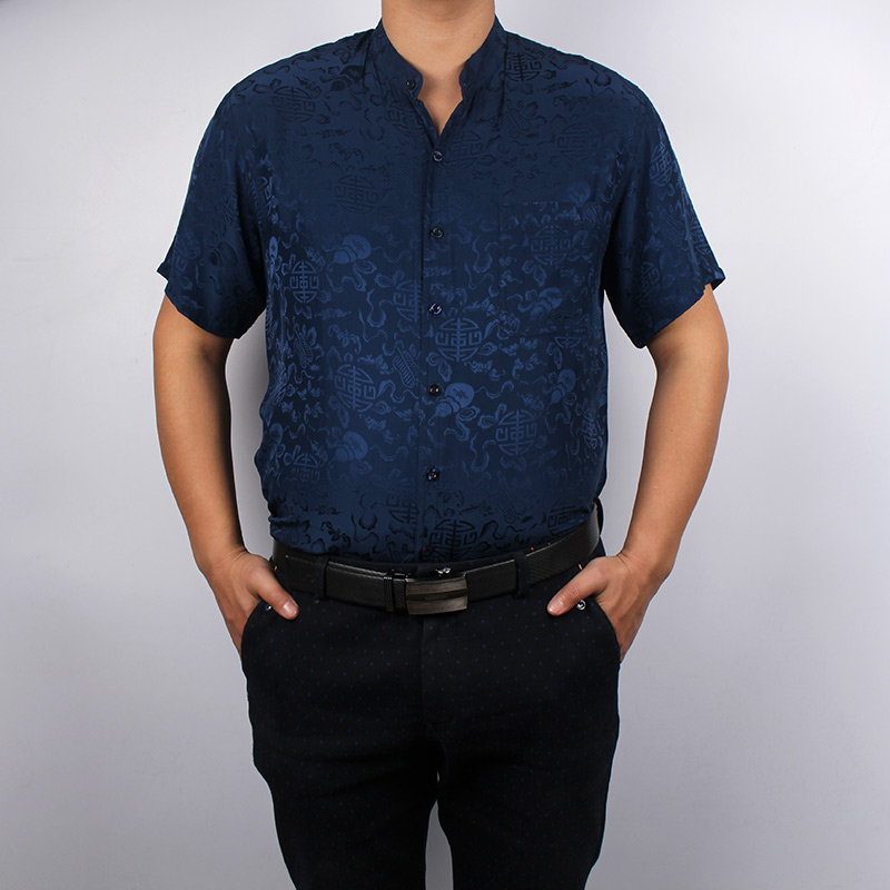 Mùa hè trung niên nam ngắn tay áo sơ mi lụa dâu lụa cổ áo jacquard áo sơ mi cha ông nội áo khoác sơ mi nam
