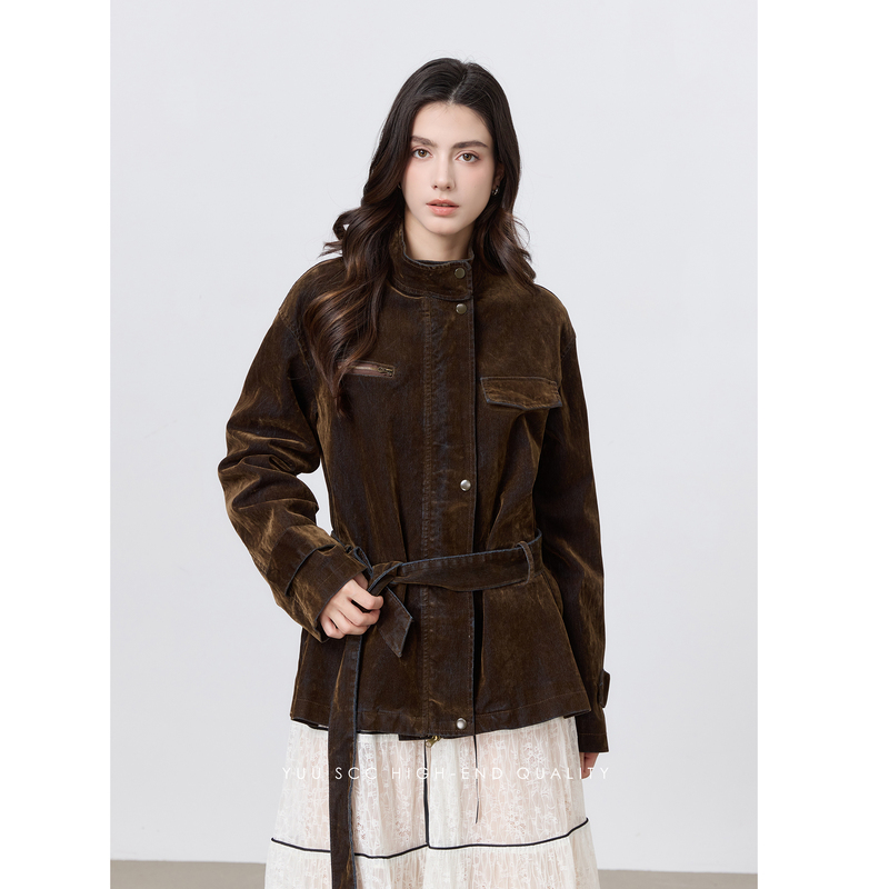 Yuuscc Flocked Melard Jacket Autumn and Winter New Style Lace-Up Waist Retro Jacket Loose Brown Stand-Up Collar Top
