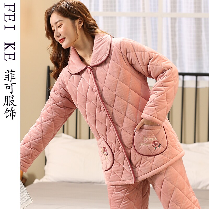 Pajamas women's winter three-layer thickened velvet coral velvet winter flannel warm cotton coat single top home clothes