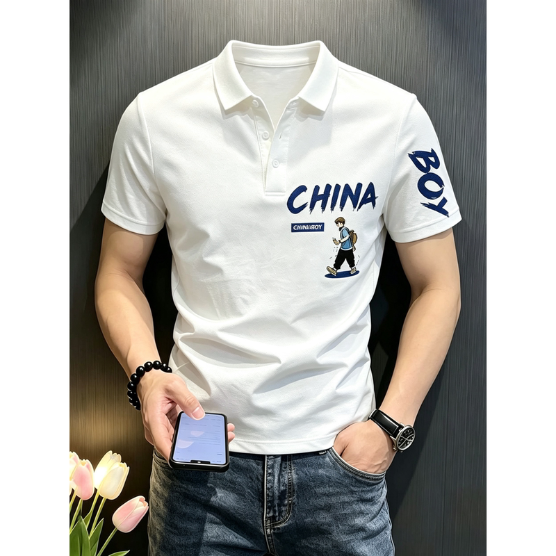 American-Style Letter Print Quick-Drying Short-Sleeved Polo Shirt for Men, Summer Lapel Slim-Fitting Top, Handsome Casual T-Shirt American-Style Letter Print Quick-Drying Short-Sleeved Polo Shirt for Men, Summer Lapel Slim-Fitting Top, Handsome Casual T-Shirt