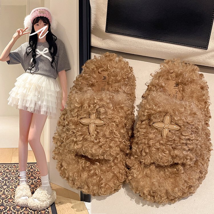 Cross Star Thick-Soled Furry Slippers for Women, 2026 New Autumn and Winter Lazy Style Lamb Wool Slip-On Slippers Cross Star Thick-Soled Furry Slippers for Women, 2026 New Autumn and Winter Lazy Style Lamb Wool Slip-On Slippers